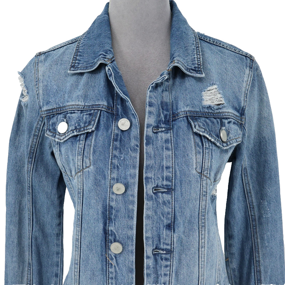 Blank NYC Jean Jacket Womens XS Blue Cotton Denim Raw Hem Distressed FLAW - Picture 16 of 16